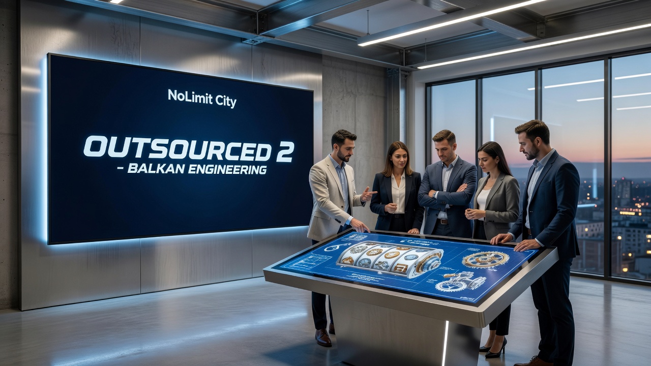 Detailed view of Outsourced 2 slot features including xNudge and Tilt Spins mechanics